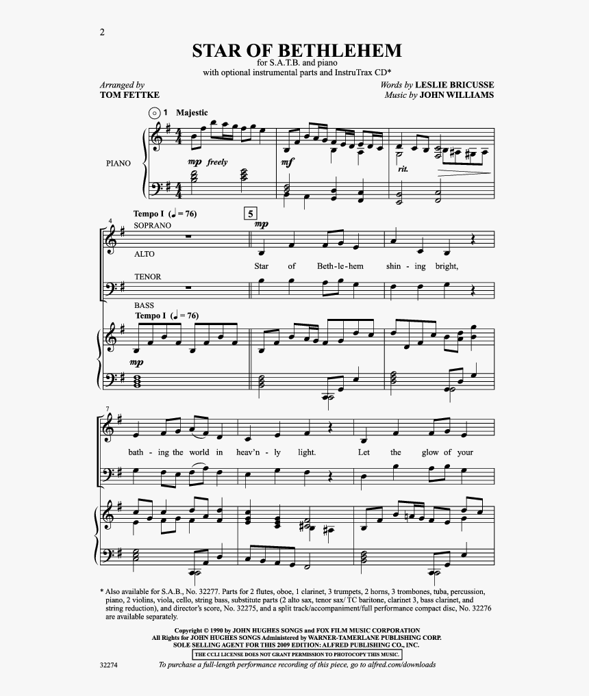 Product Thumbnail - Star Of Bethlehem Sheet Music Home Alone, HD Png