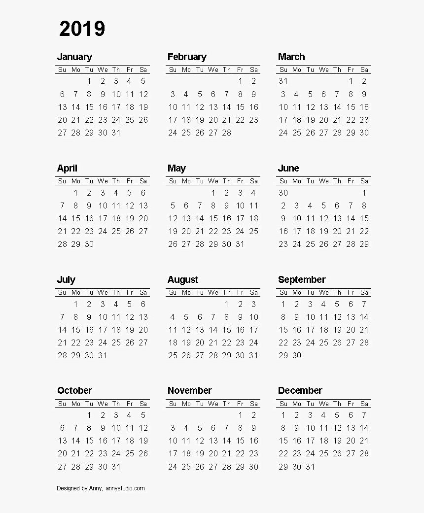 Calendar Images Png - One Page 2019 Printable Calendar Free, Transparent Png, Free Download