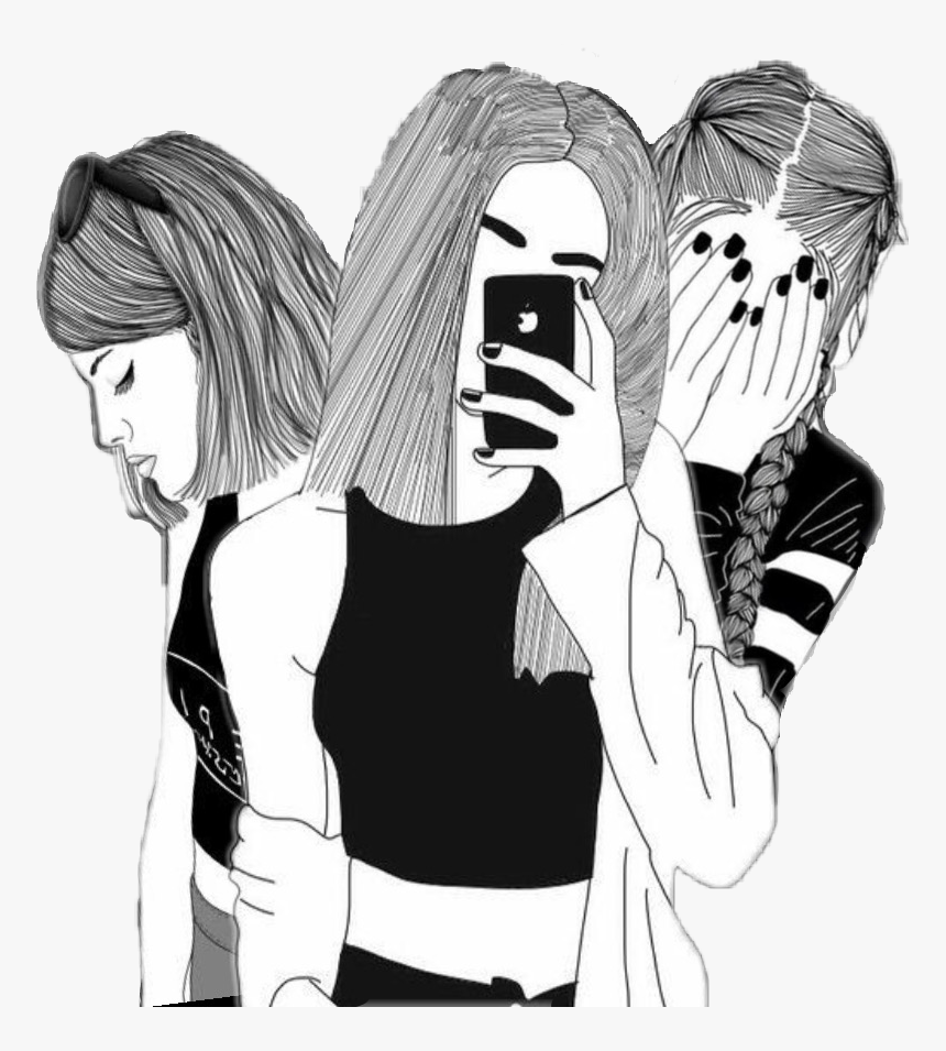 Drawing Sadness Sad Girl Photography Tumblr Black White Sketch Of 3 Best Friends Hd Png Download Kindpng