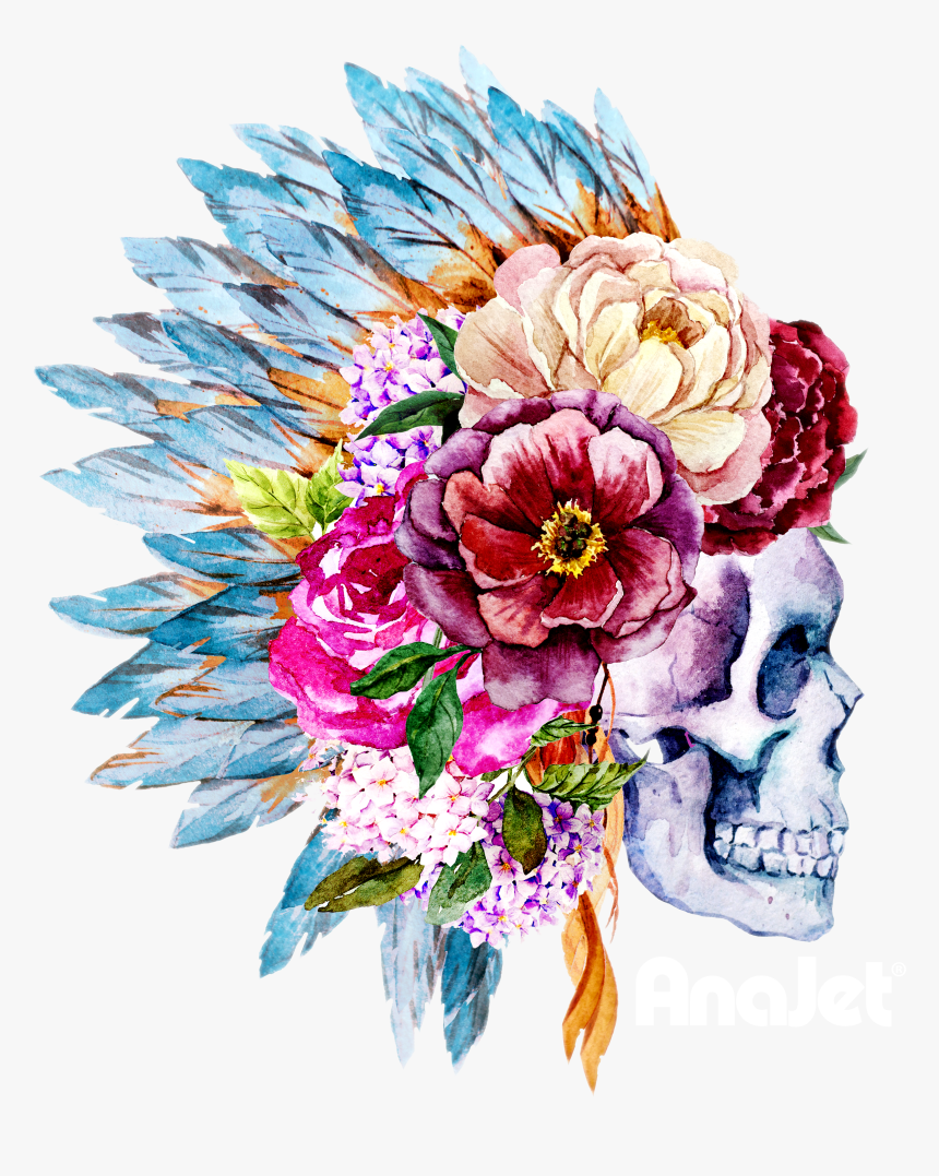 Watercolor Skull And Flowers, HD Png Download, Free Download