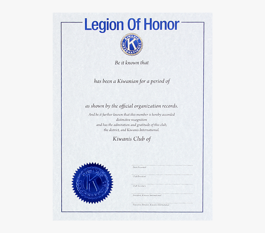 Legion Of Honor Certificate - Kiwanis Legion Of Honor, HD Png Download, Free Download