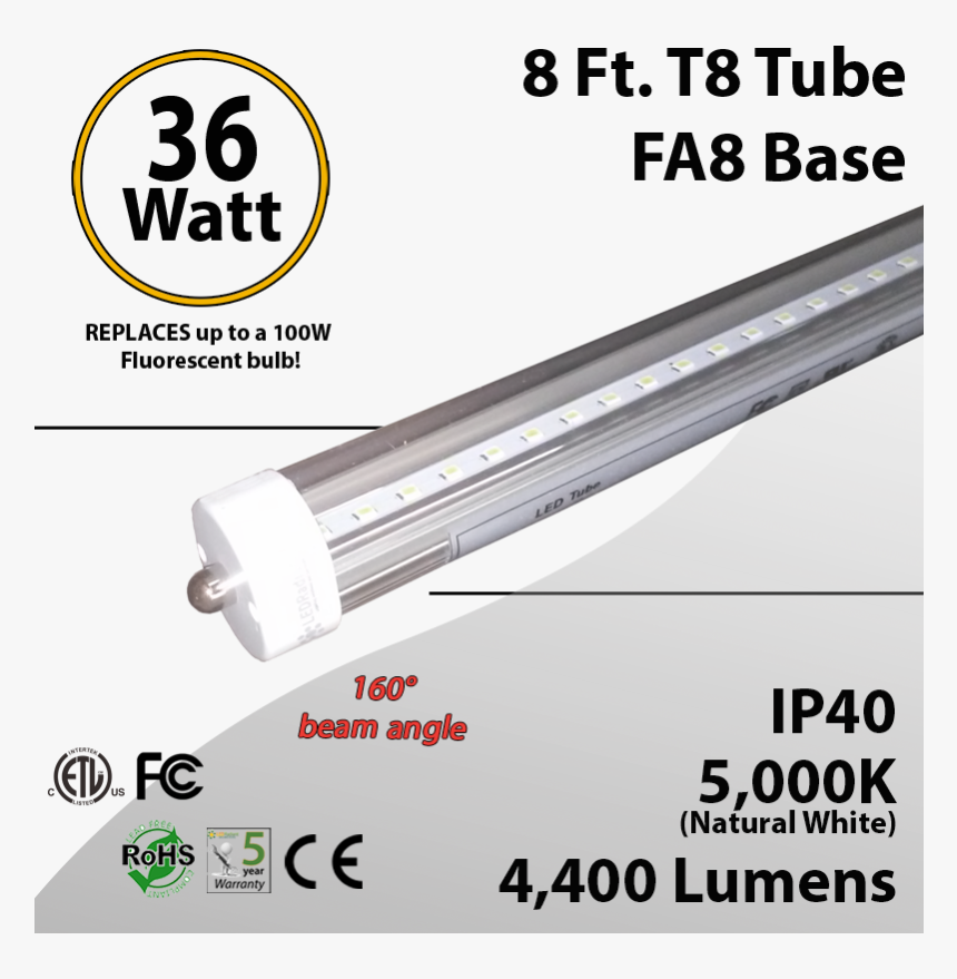 8 Ft Led Tube Clear Lens 5000k 4400 Lumens Etl - Fluorescent Lamp, HD Png Download, Free Download