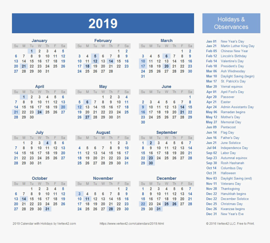 2019 Calendar Png Hd - Free Printable 2020 Calendar With Holidays, Transparent Png, Free Download