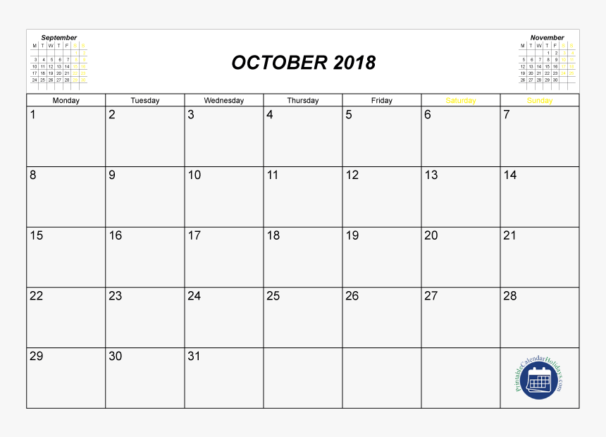 October 2018 Calendar With Holidays - January February 2018 2018 Printable Calendar With, HD Png Download, Free Download