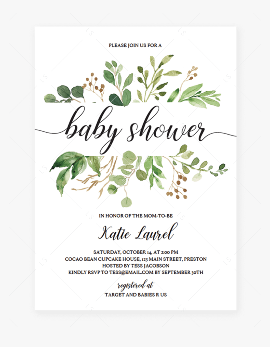 Transparent Baby Shower Invitation Clipart - Free Baby Shower Invitations Greenery, HD Png Download, Free Download
