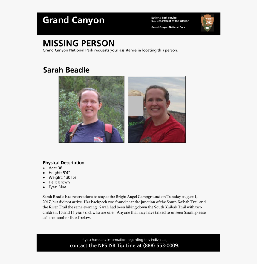 Missing 38 Year Old Hiker Sarah Beadle - Grand Canyon Missing Persons National Parks, HD Png Download, Free Download