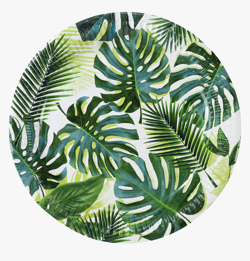 A Photo F A Paper Plate Decorated With Prints Of Palm - Jungle Leaf Paper Plates, HD Png Download, Free Download