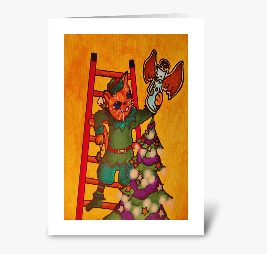 Christmas Elf Cat Greeting Card - Cartoon, HD Png Download, Free Download