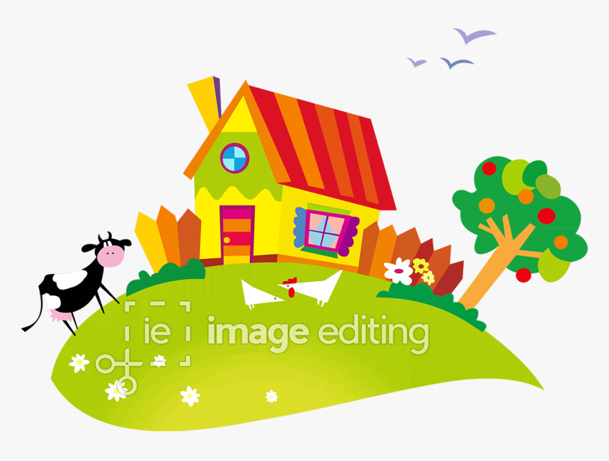 Small House With Cow And Chicken Vector Image - Cartoon Scenery, HD Png Download, Free Download