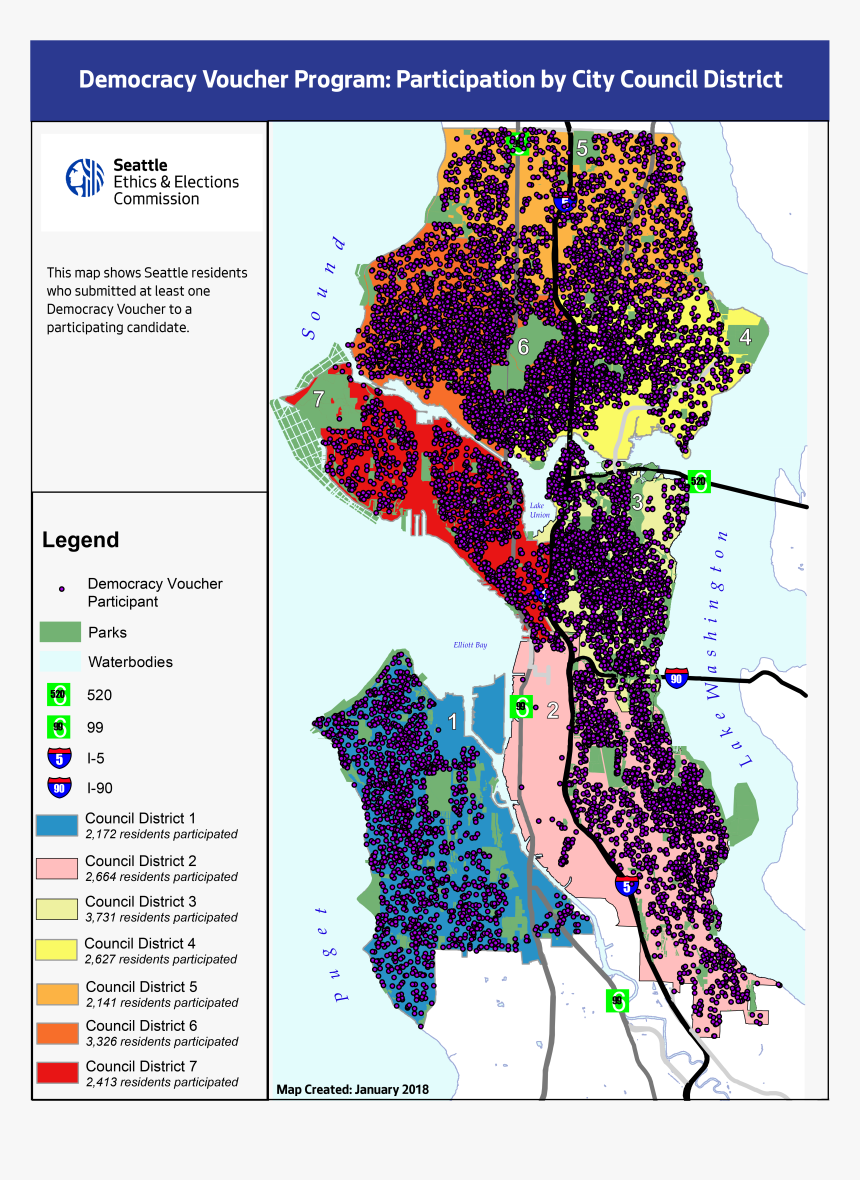A Map Of Seattle Showing Participation In The Democracy - Democracy Voucher Seattle, HD Png Download, Free Download