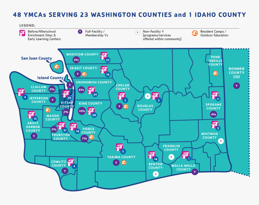 A Map Of 48 Ymcas Serving 23 Washington Counties And - Map, HD Png Download, Free Download