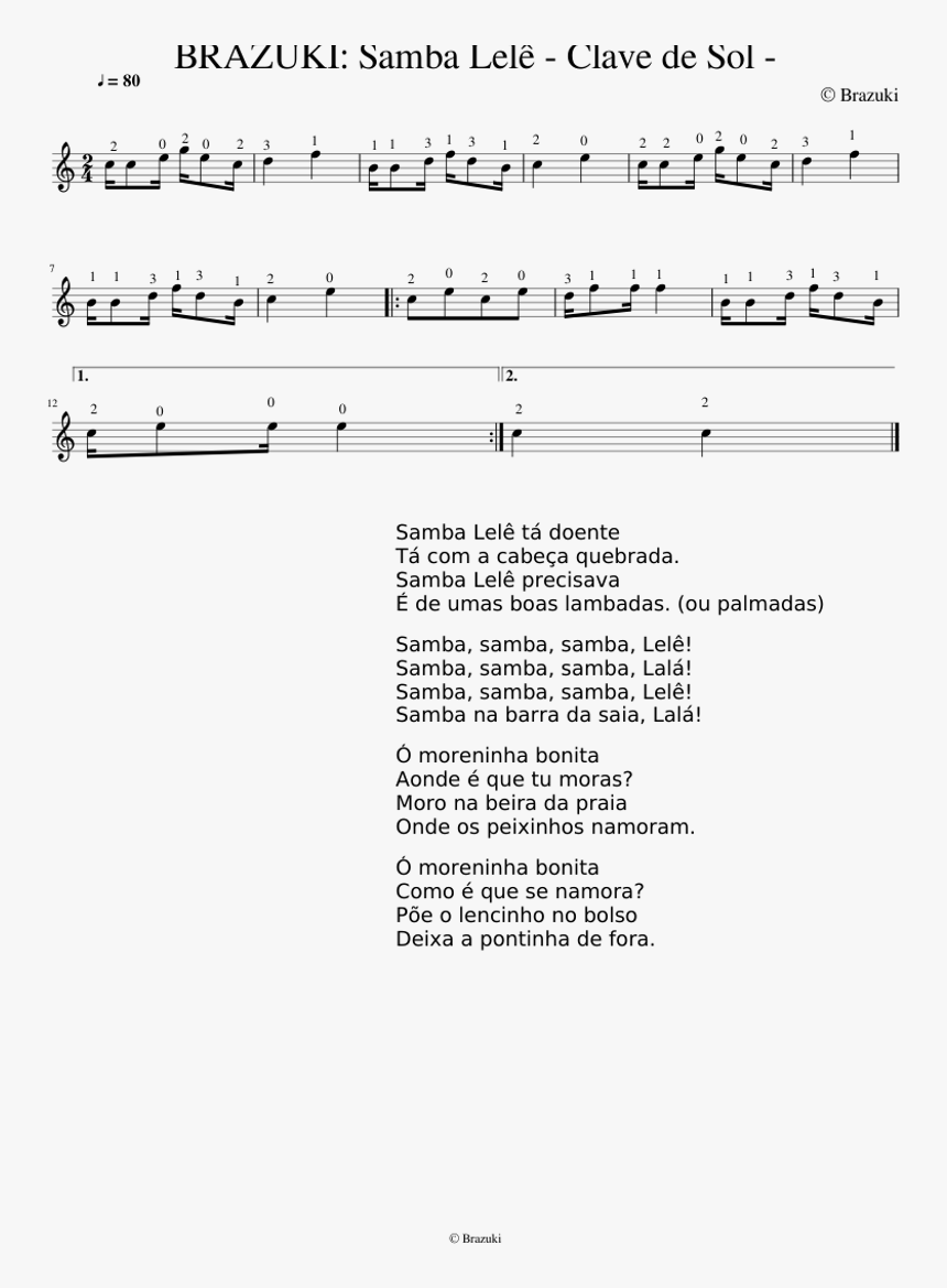 Brazuki Samba Lelê Clave De Sol Sheet Music For Cello - Sheet Music, HD Png Download, Free Download