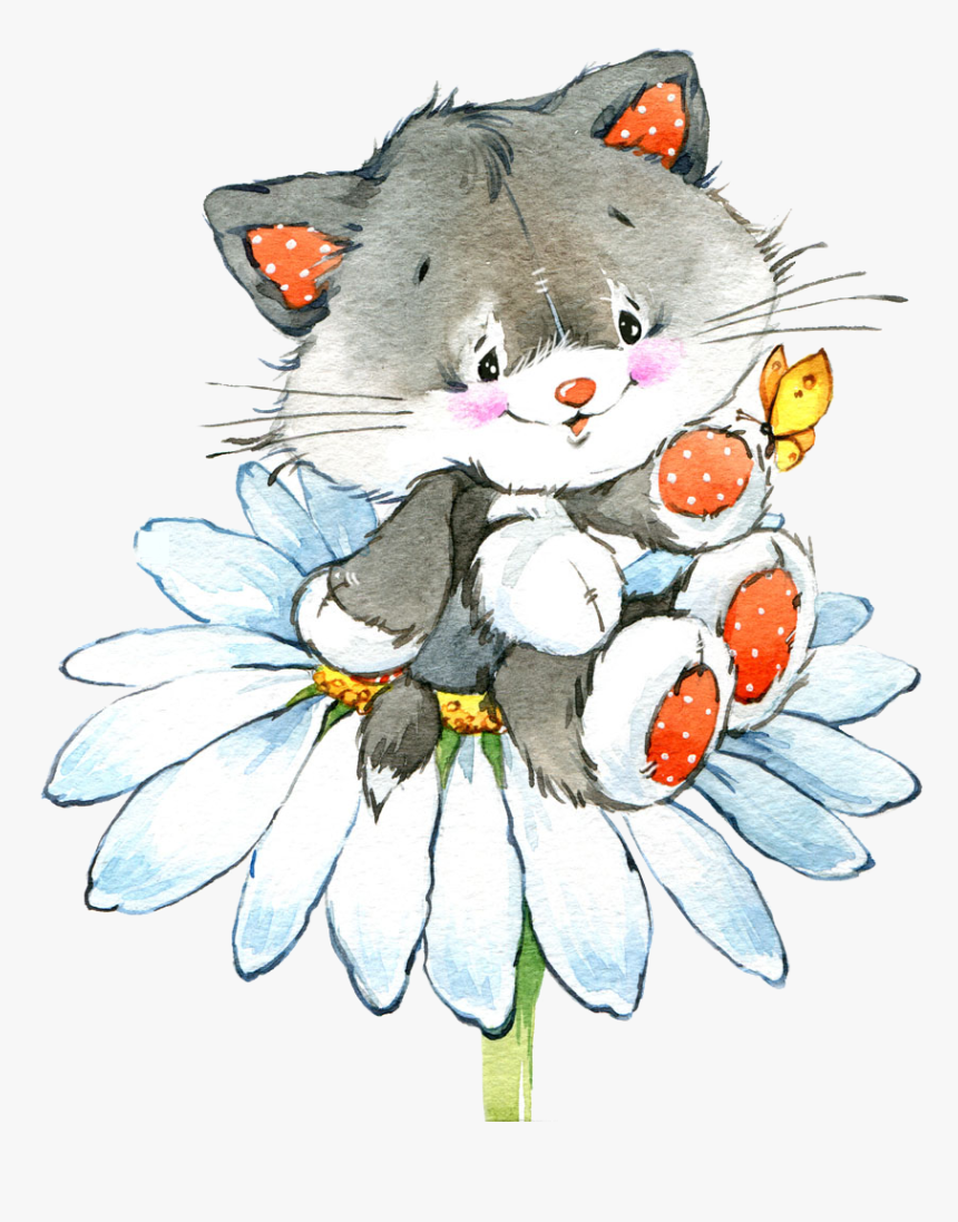 Cat Drawing Watercolor Painting Illustration - Flowers With Cats Drawing, HD Png Download, Free Download