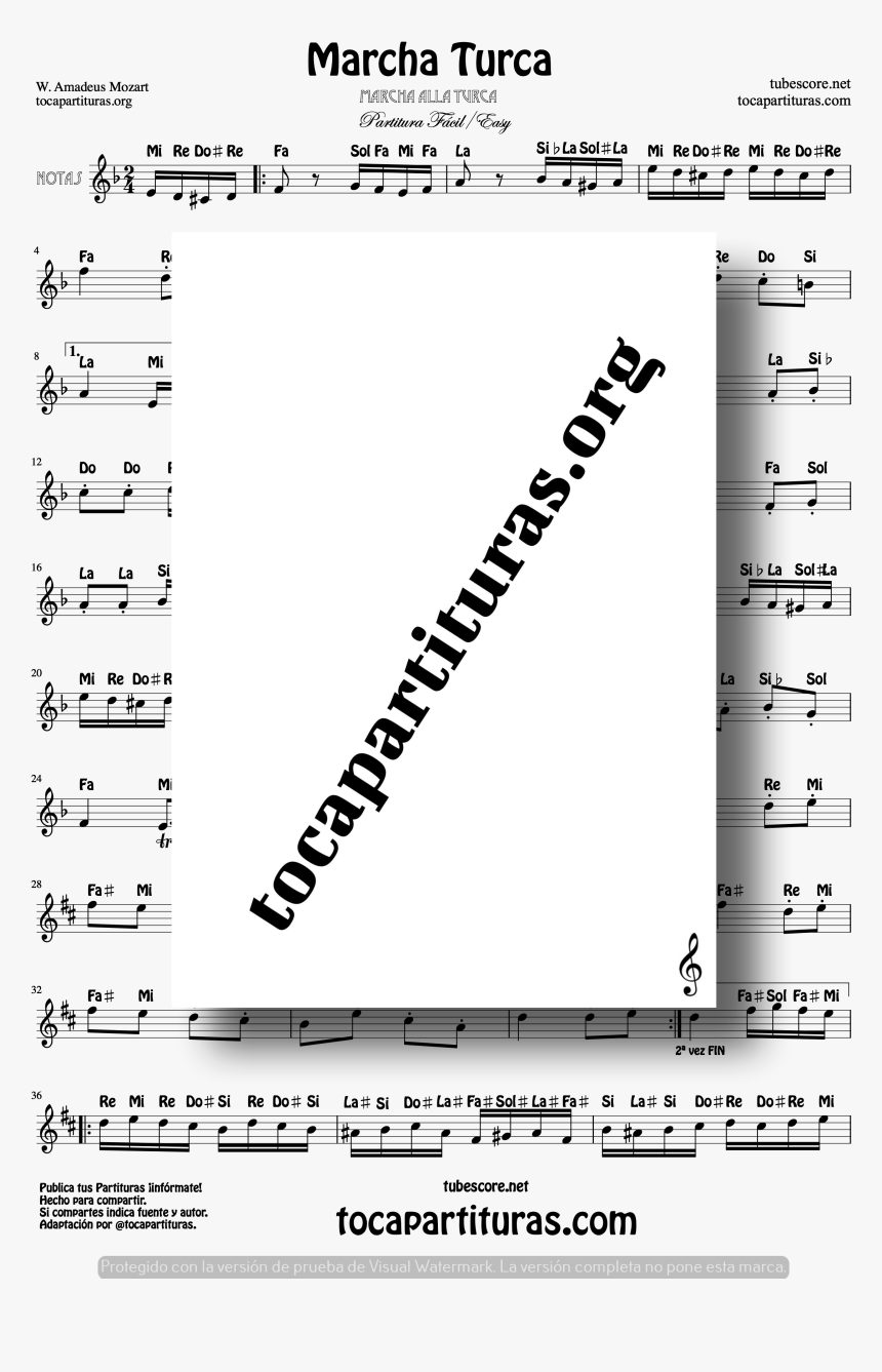 Marcha Turca Partitura Con Notas En Clave De Sol - Condor Pasa Partituras Trompeta, HD Png Download, Free Download