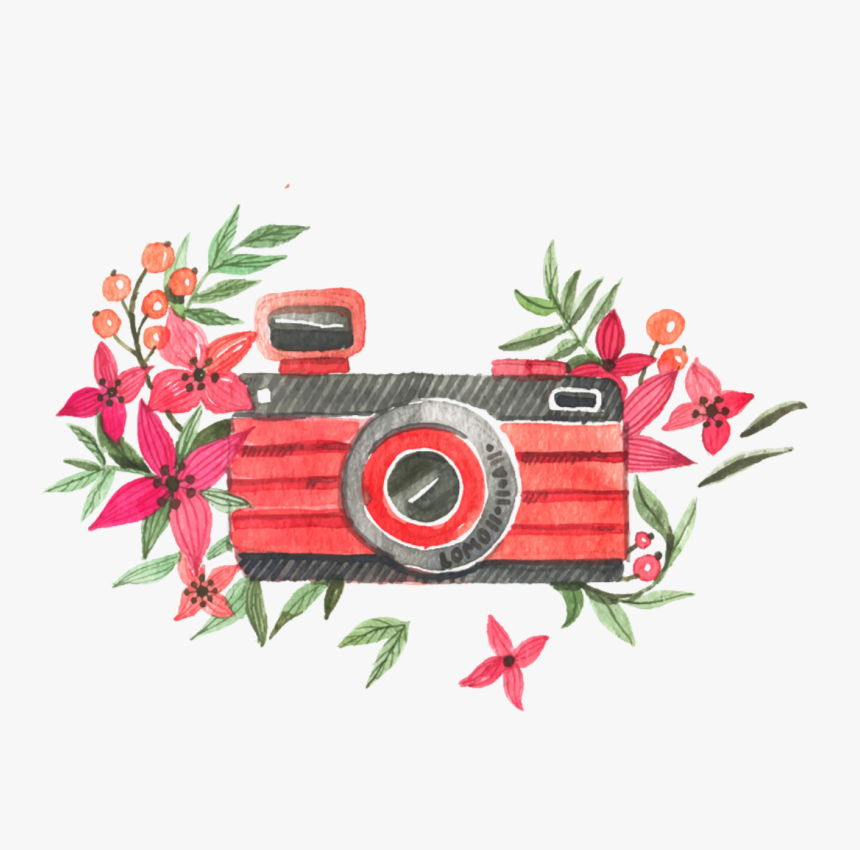 Ftestickers Watercolor Camera Flowers Pink - Watercolor Red Floral Transparent Background, HD Png Download, Free Download