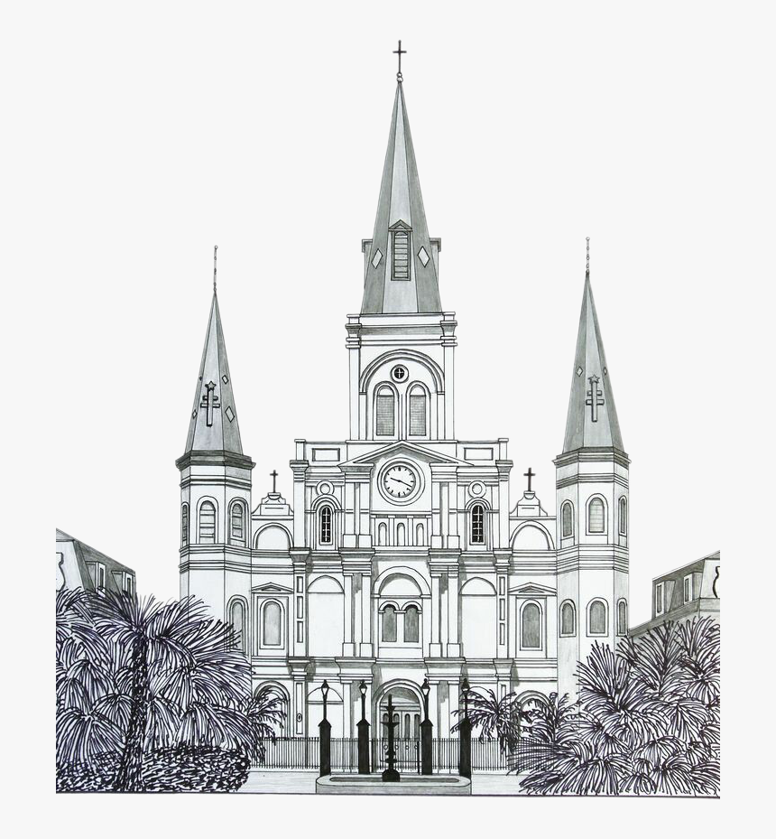 Building Church Watercolor Painting Sketch Steeple - Jackson Square, HD Png Download, Free Download