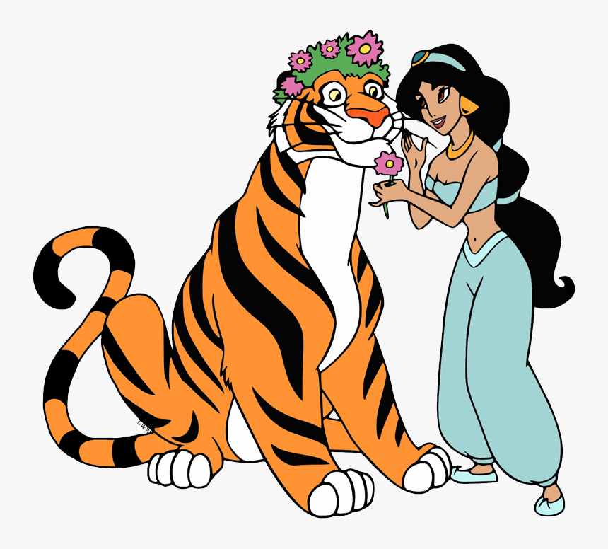 Clip Art Of Jasmine With Rajah Wearing A Crown Flowers - Jasmine Aladdin Tiger, HD Png Download, Free Download
