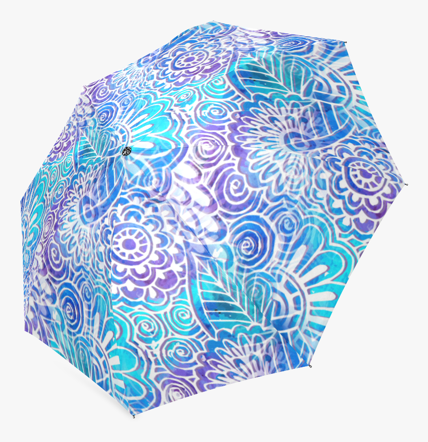 Boho Flower Doodle On Blue Watercolor Foldable Umbrella - Umbrella, HD Png Download, Free Download