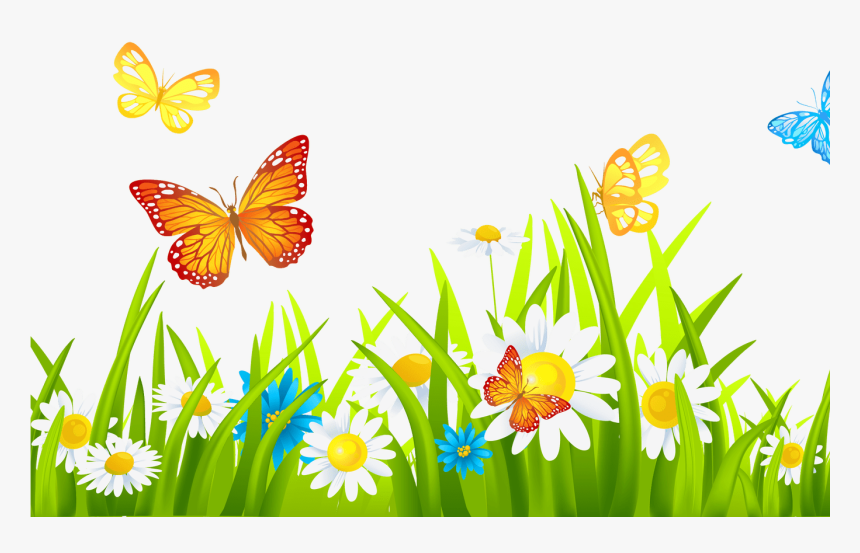 Grass Ground With Flowers And Butterflies Png Clipart - Flower Garden Clipart, Transparent Png, Free Download