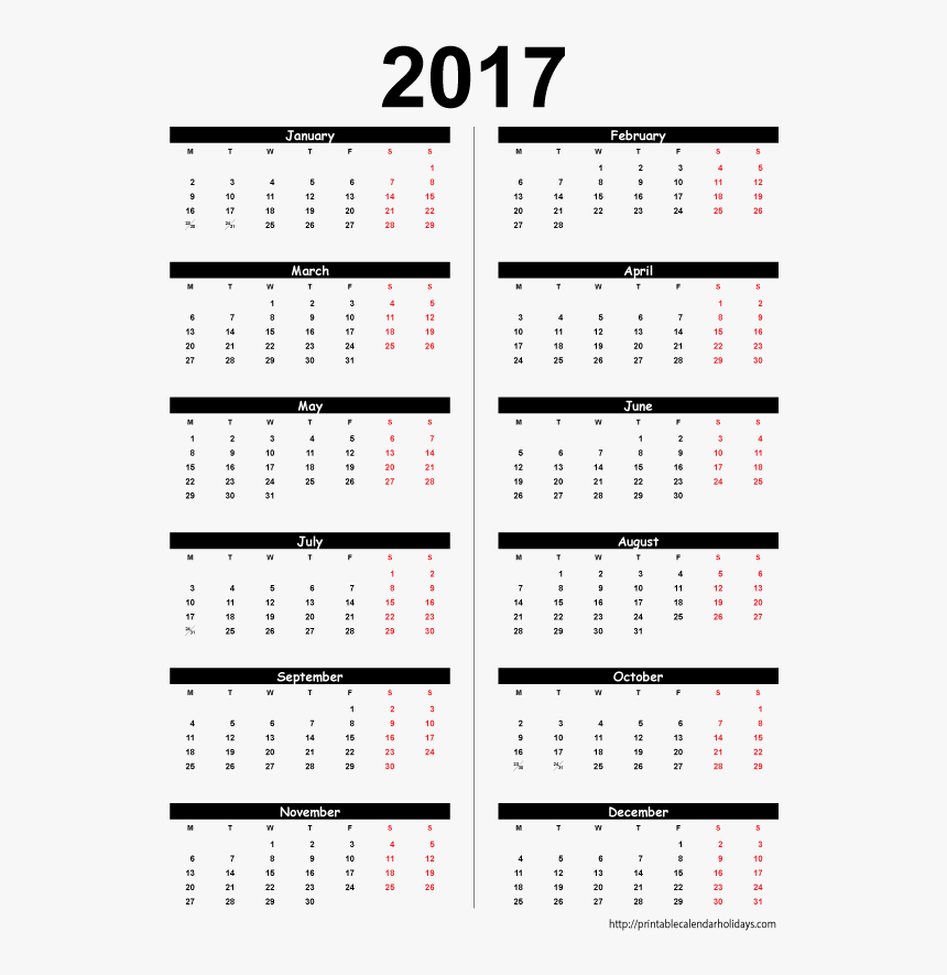Clip Art Blank Yearly Template - 12 Month Printable 2017 Calendar, HD Png Download, Free Download