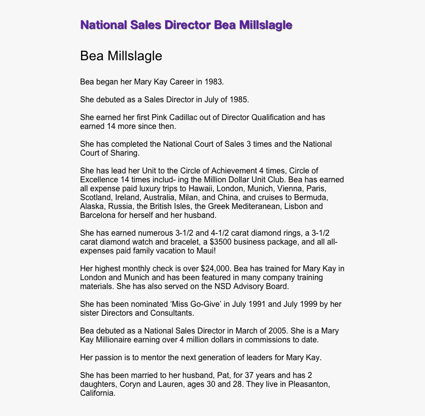 National Sales Director Bea Millslagle

bea Millslagle - Mary Kay National Sales Director Qualification, HD Png Download, Free Download