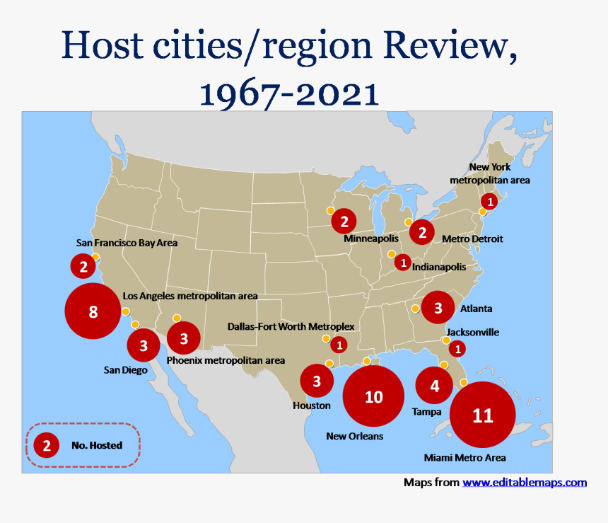 Uper Bowl Host Cities/region Review From 1967 To 2021 - Regular, HD Png Download, Free Download