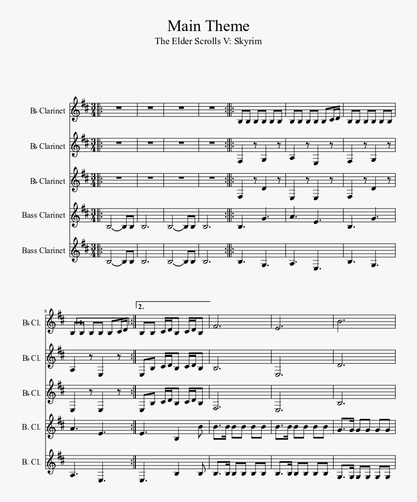 The Elder Scrolls V Skyrim Main Theme Sheet Music - Chlorine Clarinet Sheet Music, HD Png Download, Free Download
