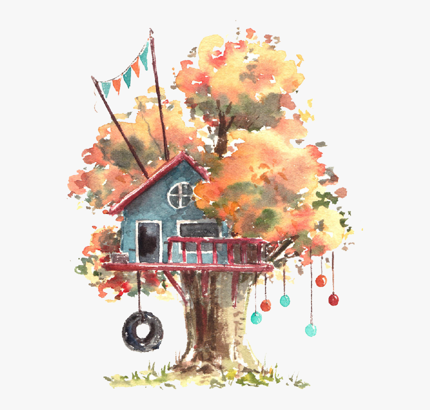 #watercolor #handpainted #treehouse #tree #house #party - Watercolor Illustration Tree House, HD Png Download, Free Download