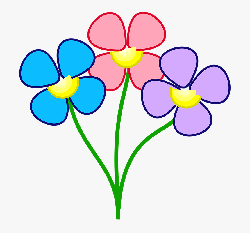 Flowers, Three, Blue, Red, Purple, Cute - Colorful Flowers Clip Art, HD Png Download, Free Download