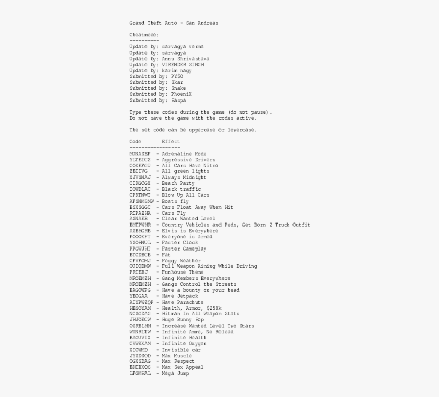 Featured image of post Cheats For Gta San Andreas Pc Unlike inputting cheats for gta 5 or gta online you don t need to bring up a menu or anything to activate these cheats