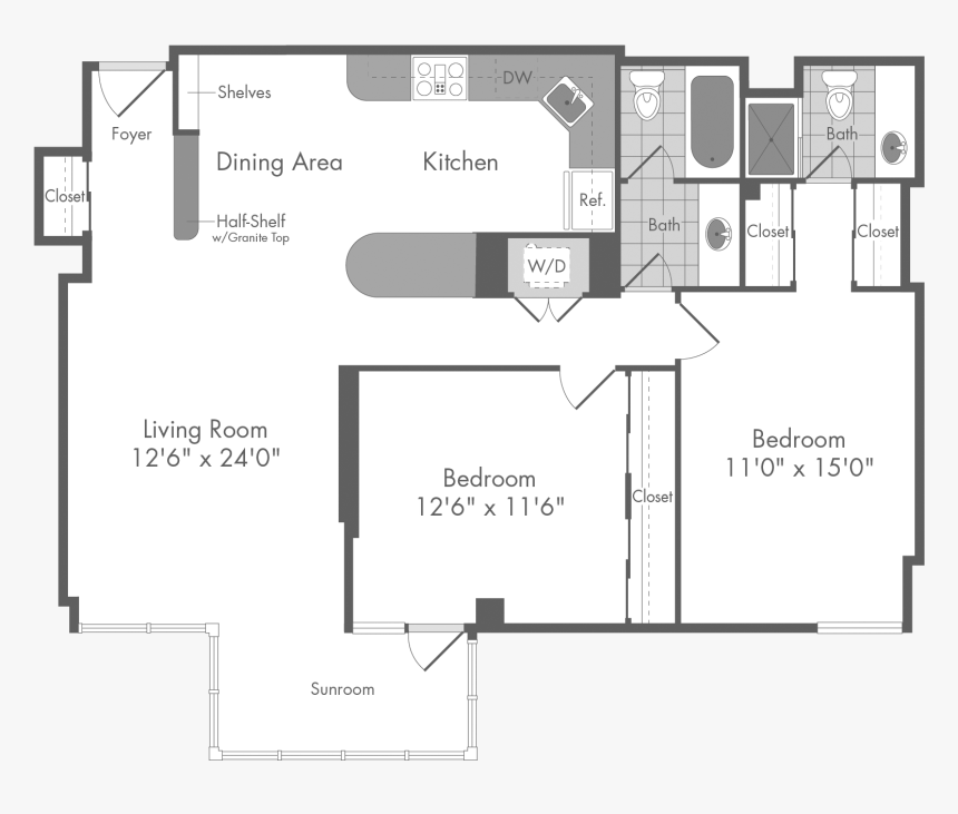 The Cordell 2 Bedroom Apartment Floor Plan At The Monterey - Floor Plan, HD Png Download, Free Download