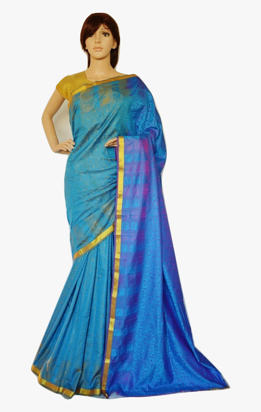 Teal,blue & Gold Colour Kanchipuram Silk Saree - Sari, HD Png Download, Free Download