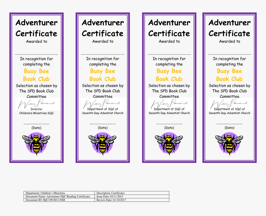 Reading Club Certificate Template Main Image - Adventurer Busy Bee Reading Certificate, HD Png Download, Free Download
