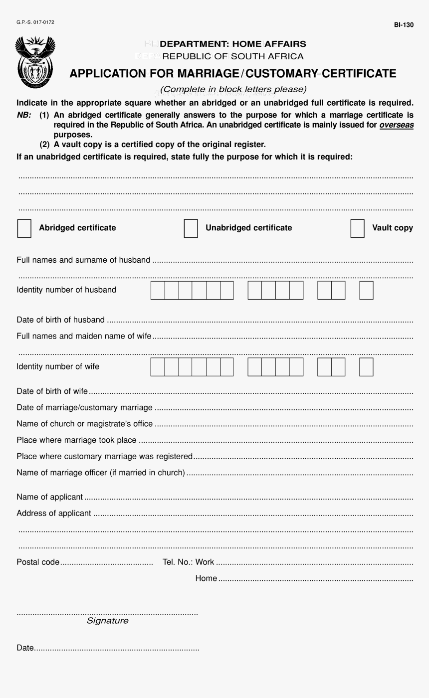 Printable Wedding Contract Certificate Main Image - Customary Marriage Certificate In South Africa, HD Png Download, Free Download