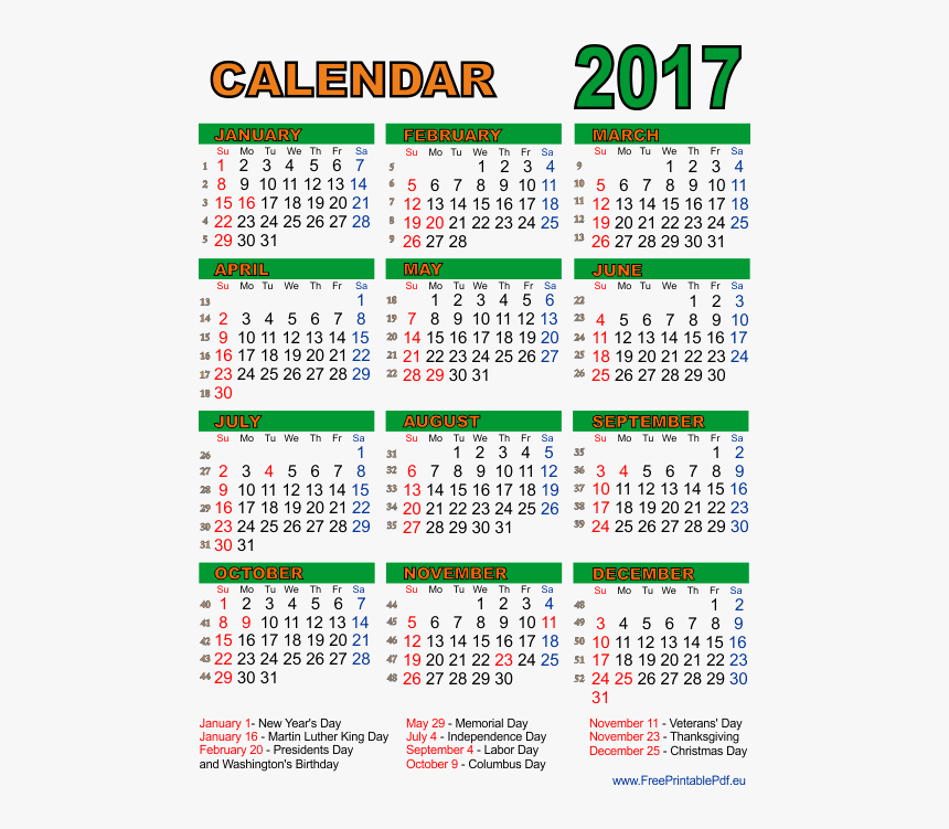 2017 American Holiday Calendar, HD Png Download, Free Download