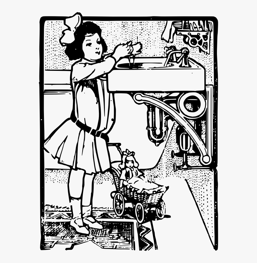 Girl And Sink - Girl While Washing Hands Clipart Black And White, HD Png Download, Free Download