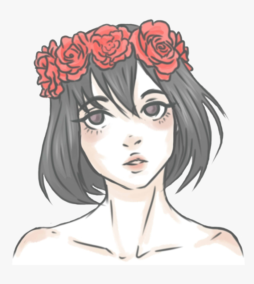 Girl Asian Anime Kawaii Flowercrown Flowers Red Roses - Girl With Flower Crown Drawing, HD Png Download, Free Download