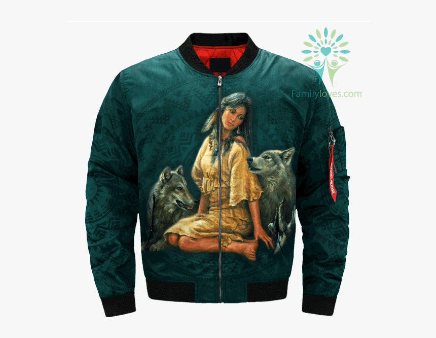 Native American Girl And Her Wolves Over Print Bomber - Veteran, HD Png Download, Free Download