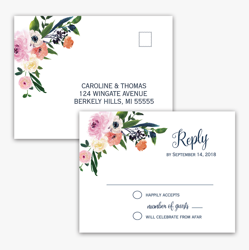 Watercolor Floral Flowers Wedding Rsvp Postcards - Rsvp Will Cheers From Afar, HD Png Download, Free Download