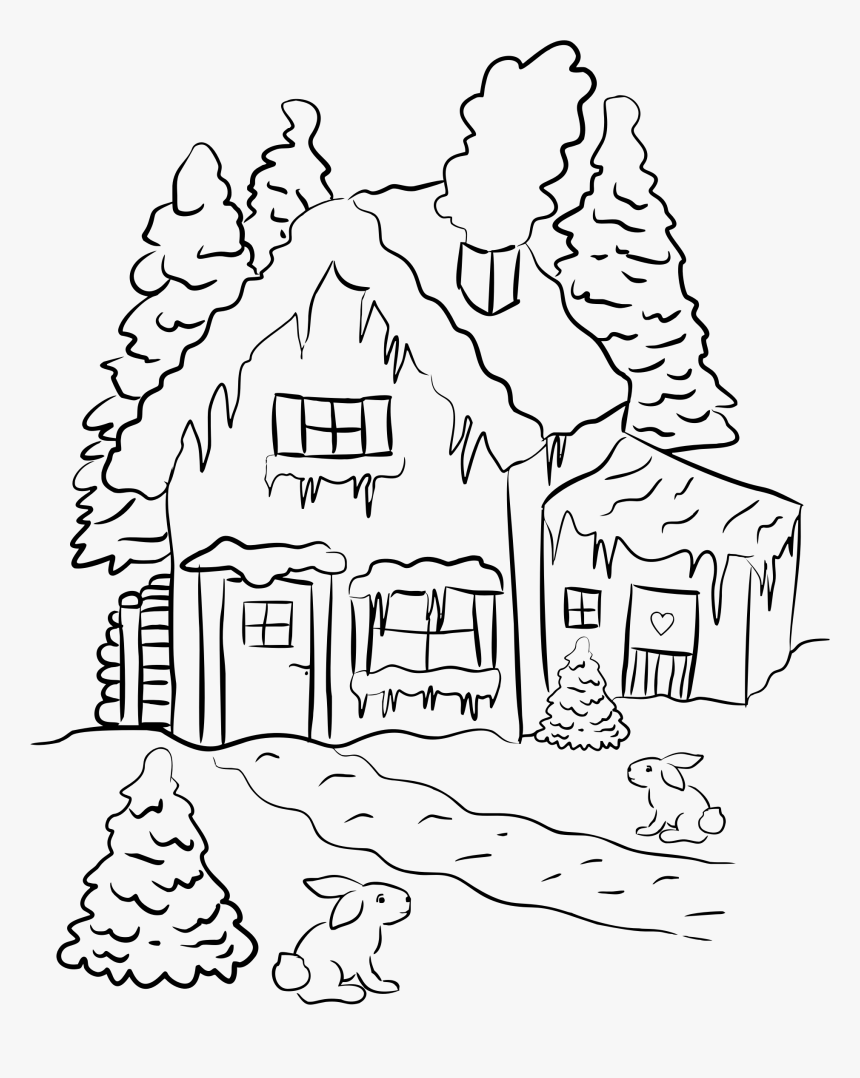 Winter House Scene Line Art Clip Arts - Winter House Clipart Black And White, HD Png Download, Free Download
