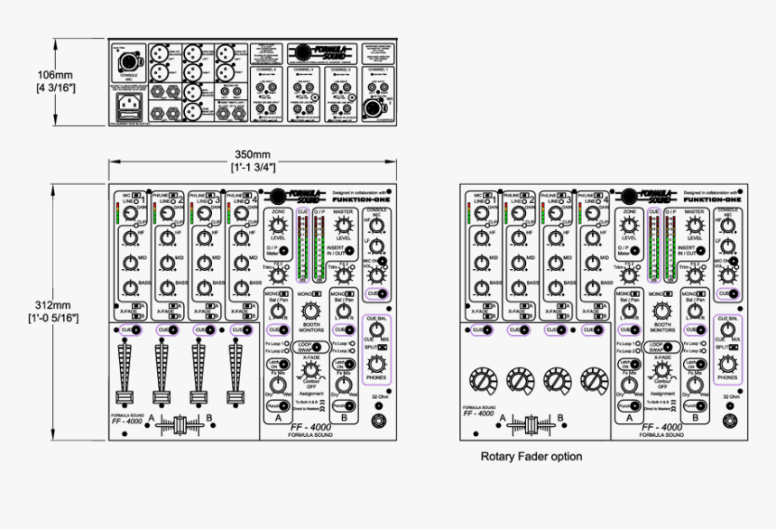 Ff4000 Dj Mixer Technical Drawing - Dj Mixer Dimensions, HD Png Download, Free Download