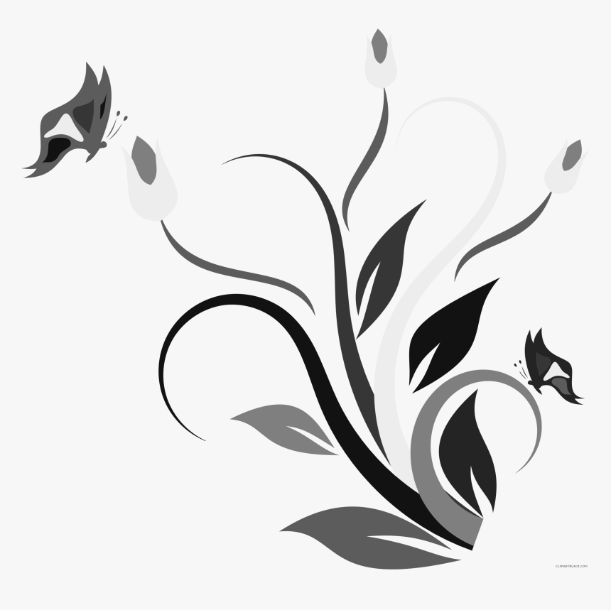 Royalty Free Library Clipartblack Com Animal Free Black - Flower With Butterfly Clipart Black N White, HD Png Download, Free Download