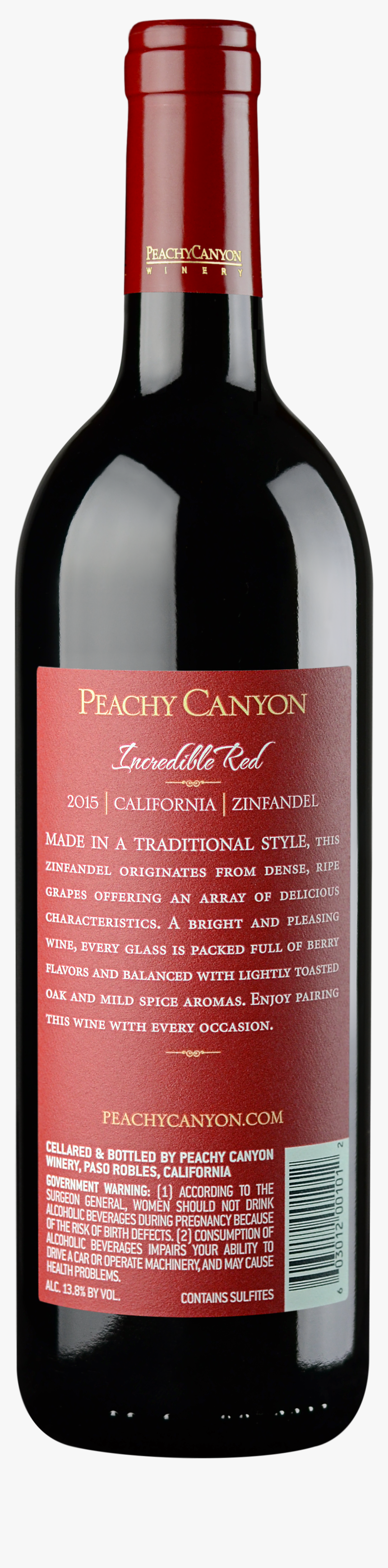 Bottle,wine Bottle,wine,glass Beverage,label,red Wine,dessert - Peachy Canyon Incredible Red Zinfandel 2015, HD Png Download, Free Download