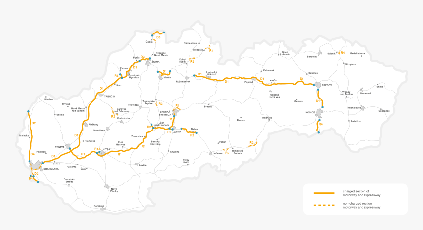 Map Of Sections Charged By Vignette - Slovakia Toll Roads Map, HD Png Download, Free Download