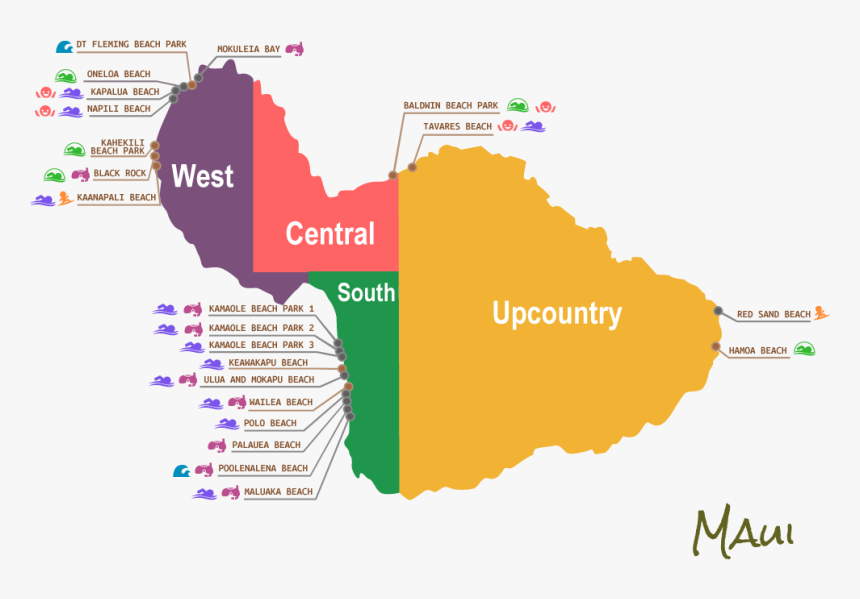 Maui Map With Beaches, HD Png Download, Free Download