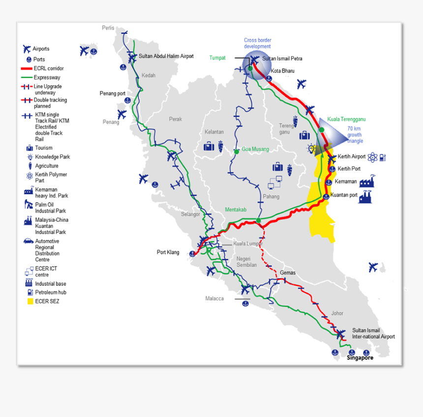 Map Of Malaysia"s East Coast Rail Link Project - East Coast Rail Line Malaysia, HD Png Download, Free Download