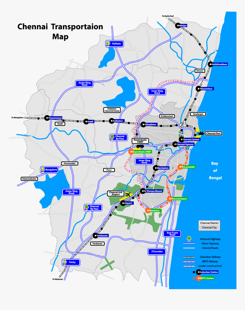 Chennai Transportation Map - Chennai Outer Ring Road Map, HD Png Download, Free Download