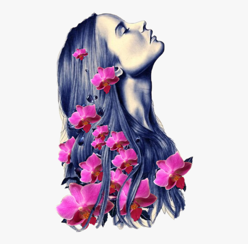 Girl With Flowers Drawing , Transparent Cartoons - Rose In Hair Drawing, HD Png Download, Free Download