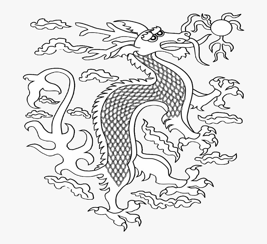 Outline Folk-style Chinese Dragon And Shining Sun Tattoo, HD Png Download, Free Download