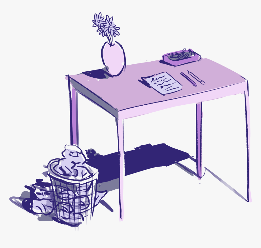 Purple Drawing Of A Desk With A Filled Waste Basket, HD Png Download, Free Download